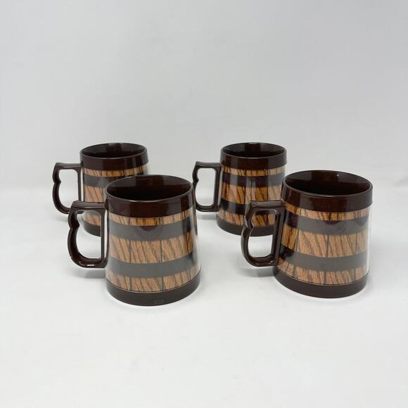 VTG Thermo Serv Insulated Coffee Cups Brown Wood Barrel Stripe Mugs - Set of 4 - Picture 1 of 8